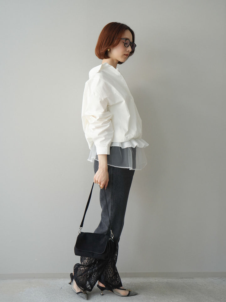 [予約]レース切替フレアデニムパンツ/black