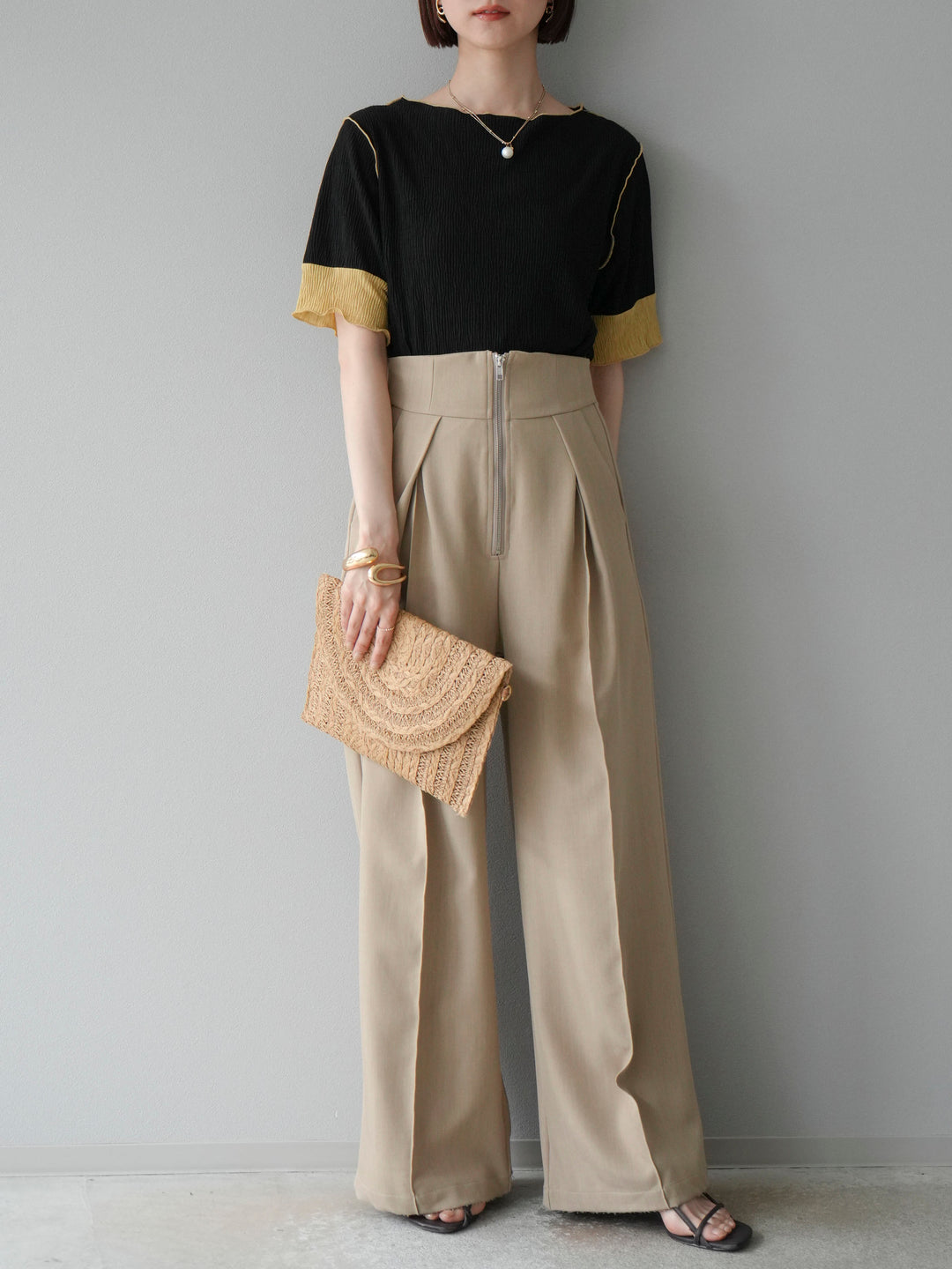 [SET] 百褶同色船領套頭衫 + 拉鍊褶襉寬褲 (2 套)