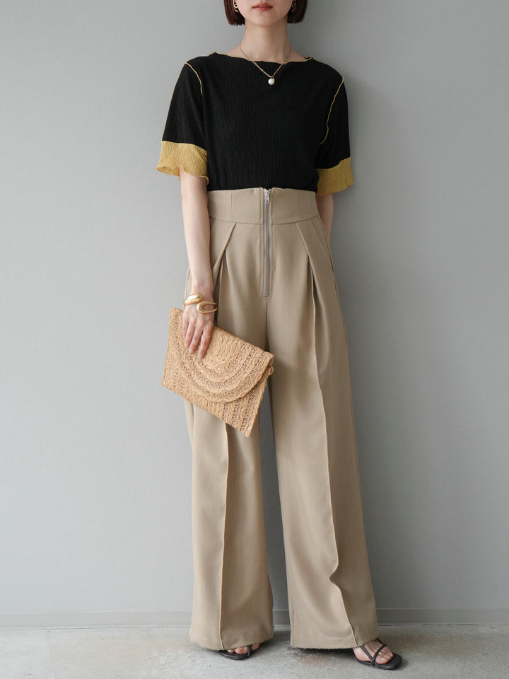 [SET] 百褶同色船領套頭衫 + 拉鍊褶襉寬褲 (2 套)