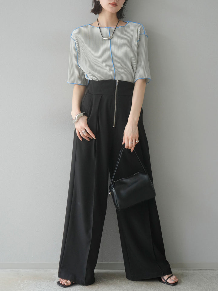 【預購】配色柔和百褶半袖上衣/灰色