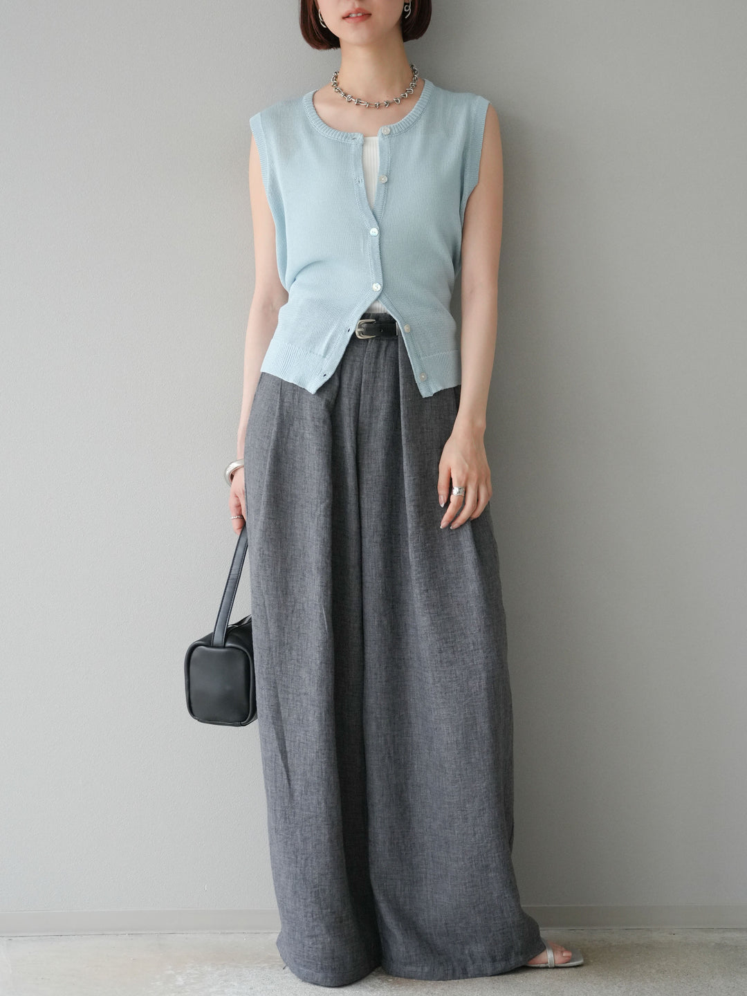 [予約]リネンライクベルト付タックループワイドパンツ/ブラック