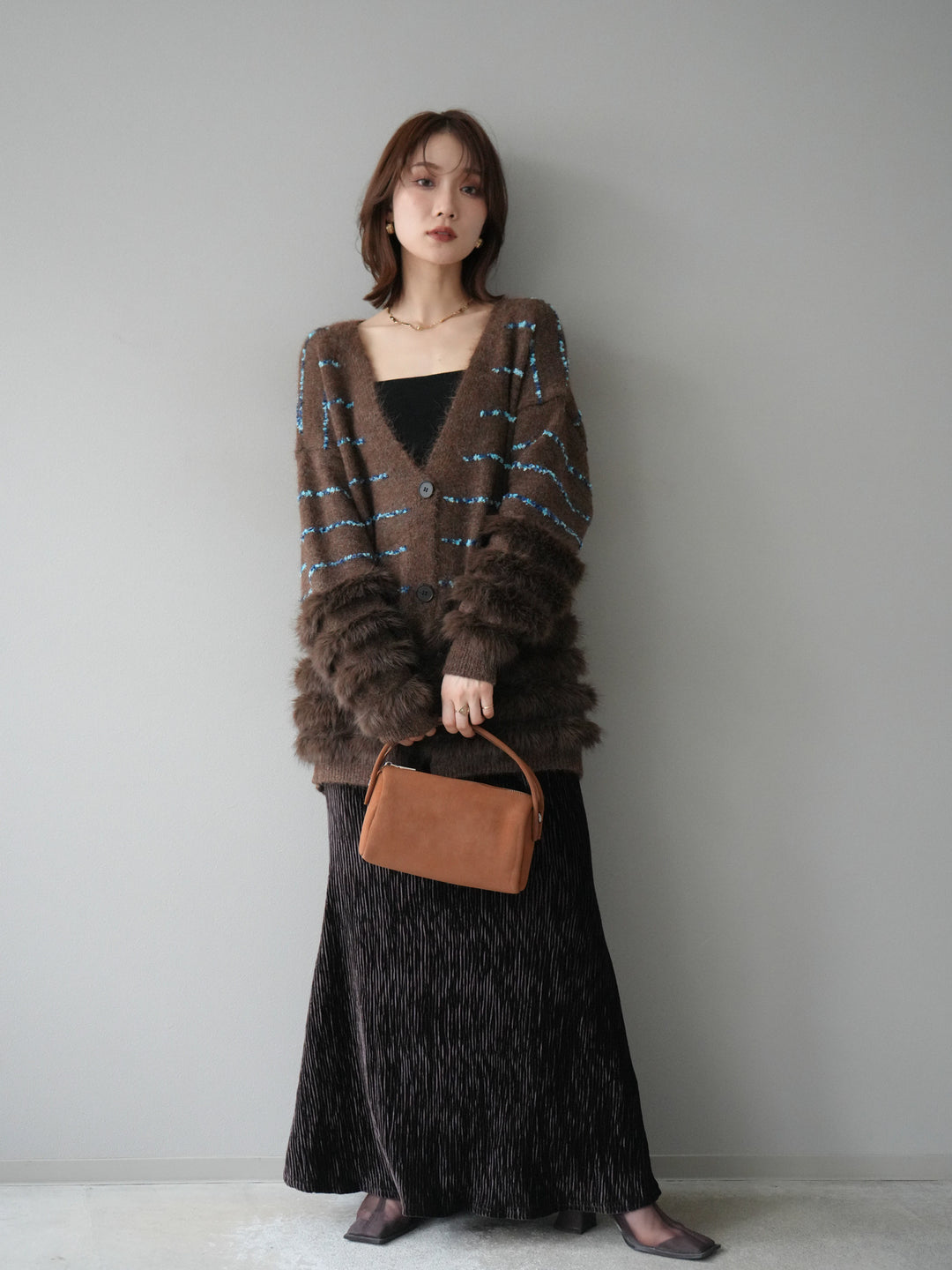 [SET]フェザーライン配色シャギーニットカーディガン+ベロアプリーツナロースカート(2set)