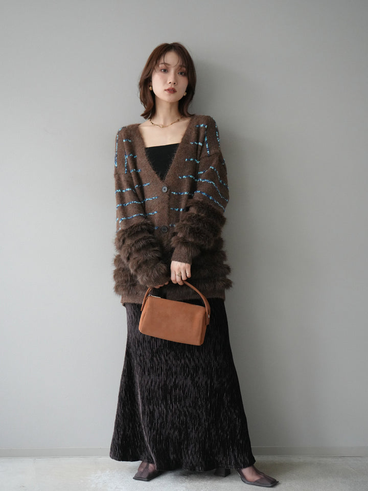 [SET]フェザーライン配色シャギーニットカーディガン+ベロアプリーツナロースカート(2set)