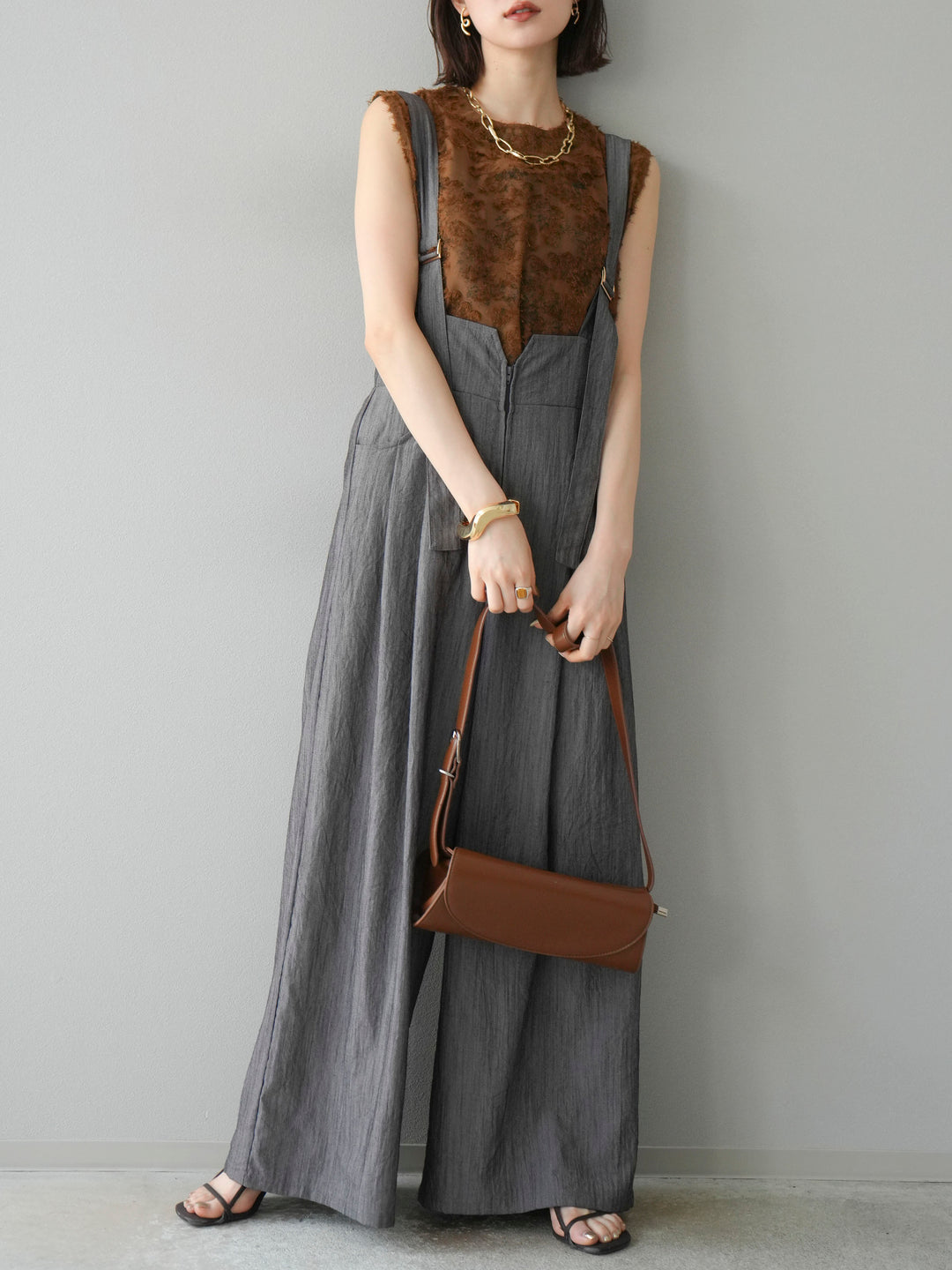 [予約]ストリングデザインハイウエストサロペット/チャコール