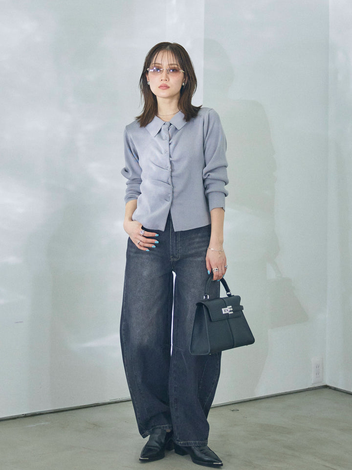 [予約]襟付きギャザーニットカーディガン/gray