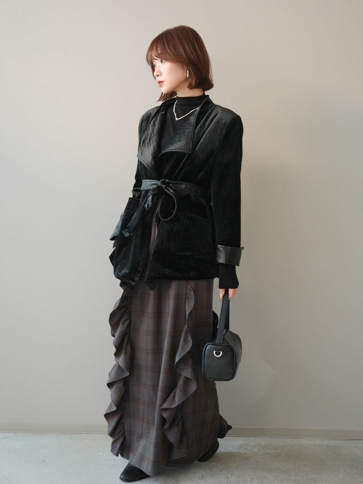 [SET]ベロアガウンジャケット+プチネックパワーショルダー起毛トップス+チェック柄フリルハイウエストマキシスカート(3set)