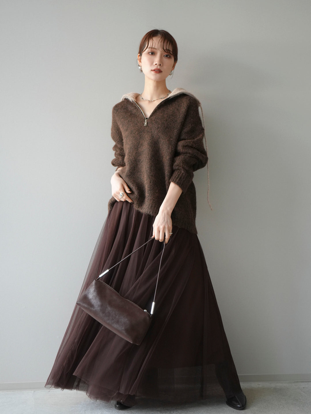 [予約]バイカラージップニットプルオーバー/brown