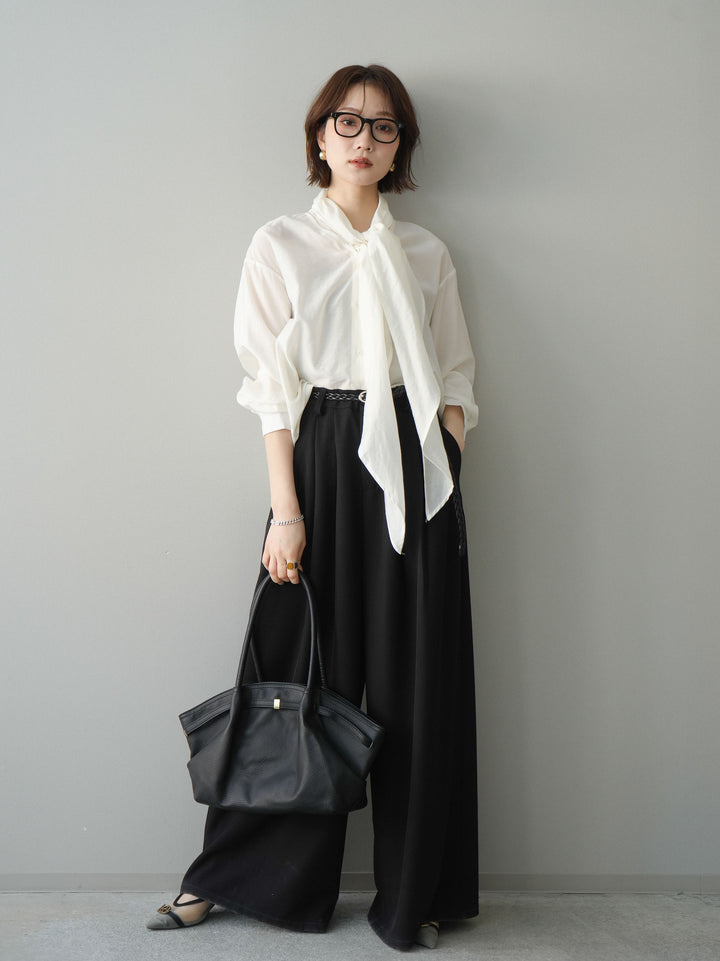 [予約]編み込みベルト付タックワイドパンツ/black