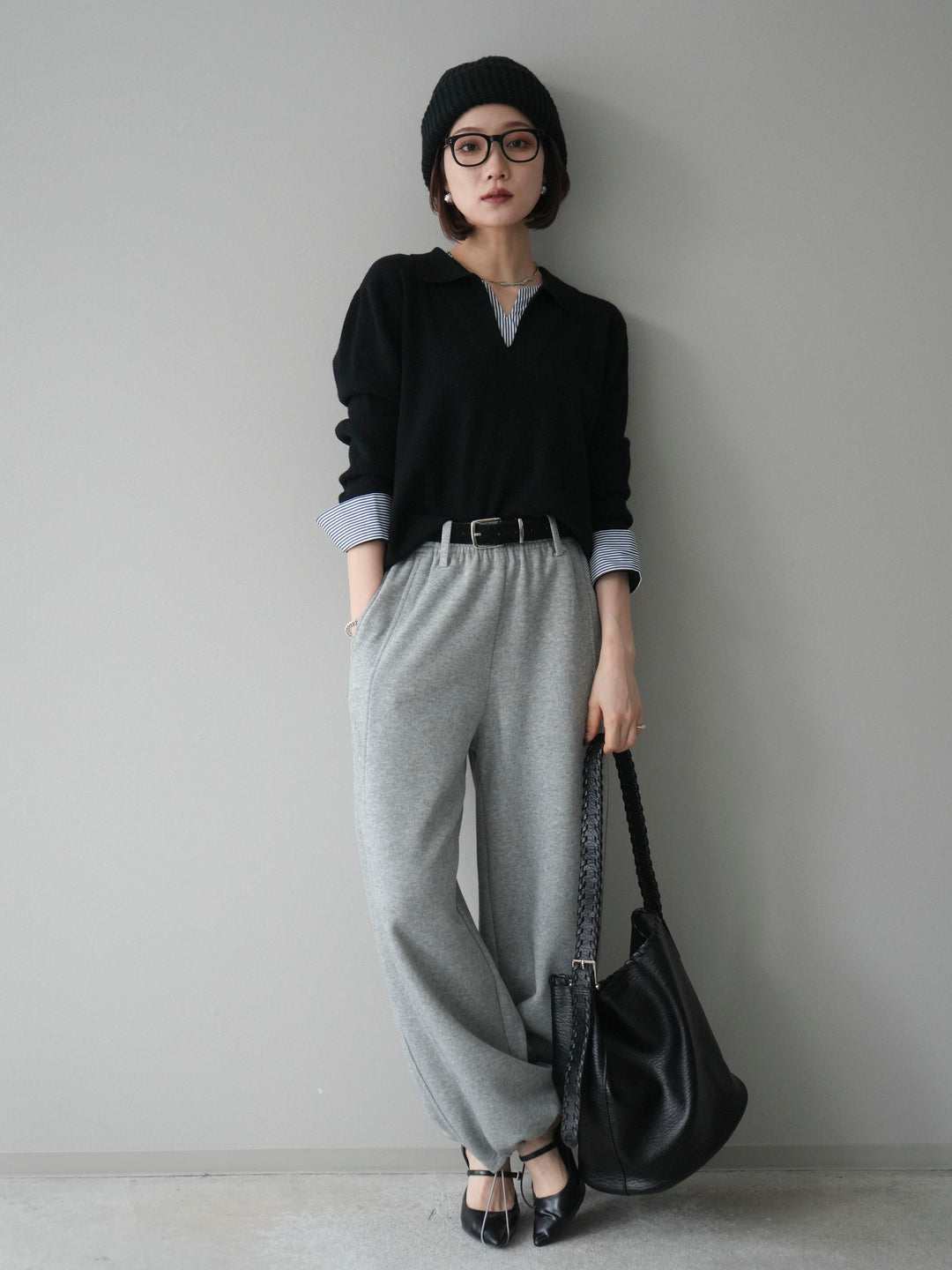 [予約]シャツレイヤードスキッパーニットプルオーバー/black