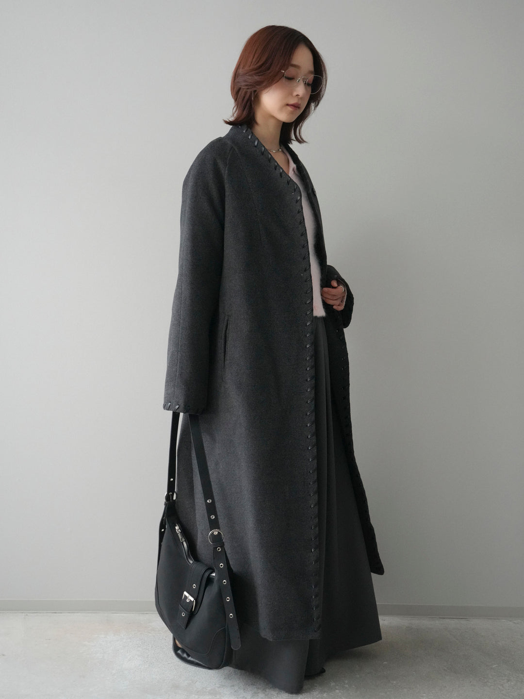 [SET]ハンドステッチ裏中綿ロングコート+テープベルトタックバギーパンツ(2set)