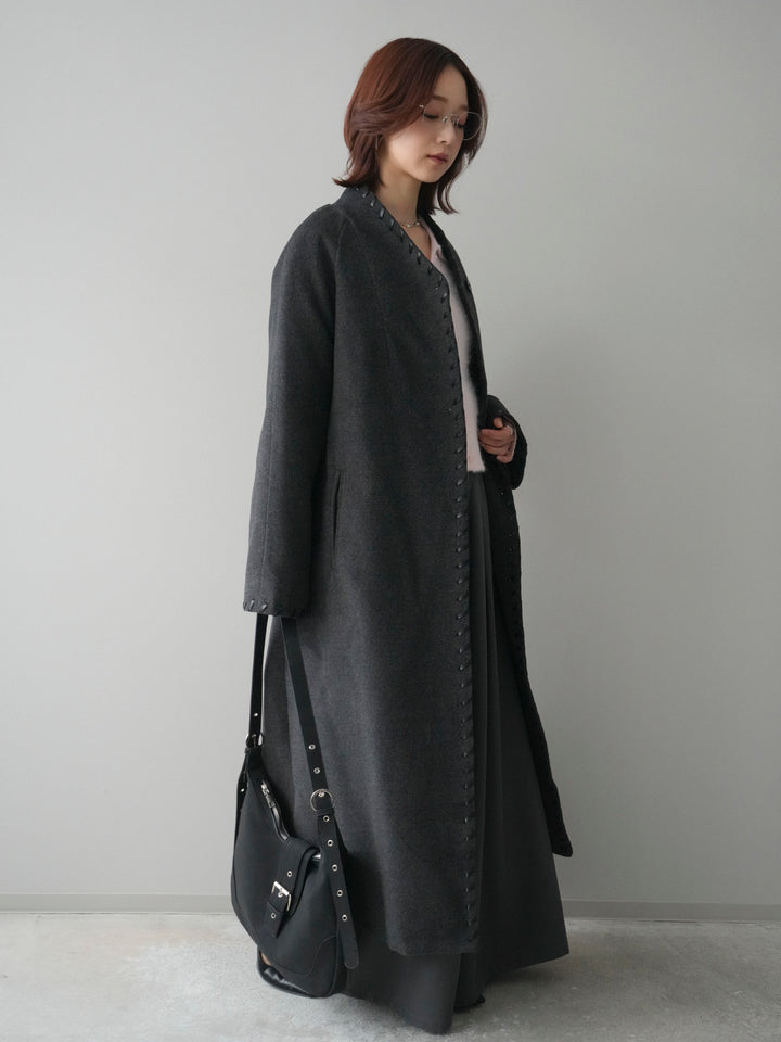 [SET]ハンドステッチ裏中綿ロングコート+テープベルトタックバギーパンツ(2set)