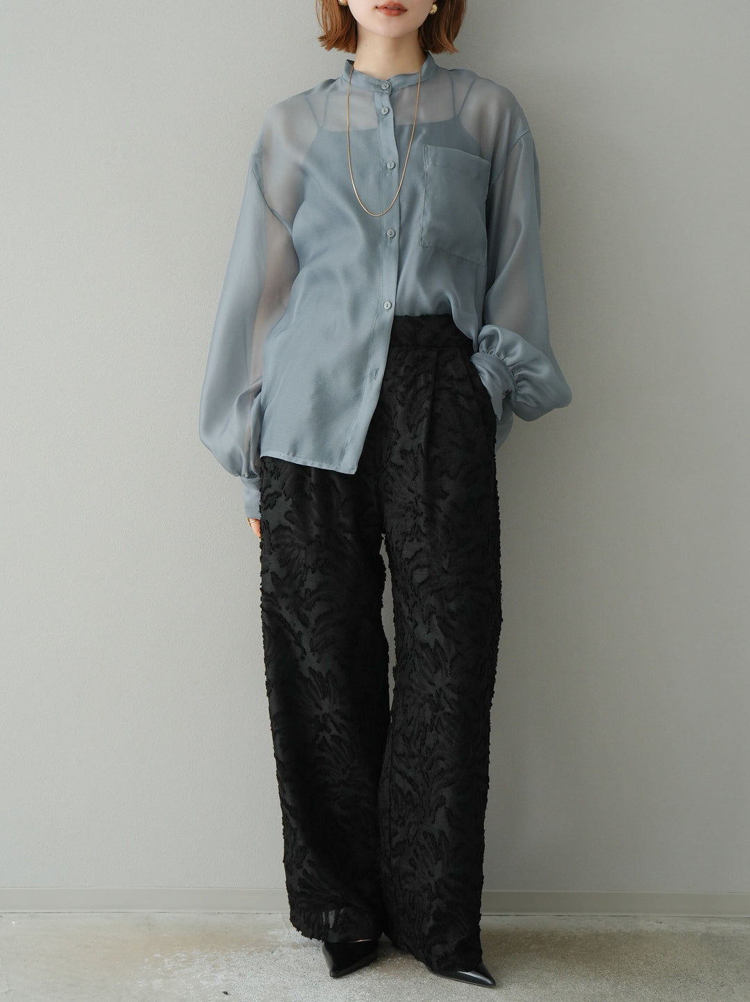 【預購】透視提花褶皺寬褲/黑