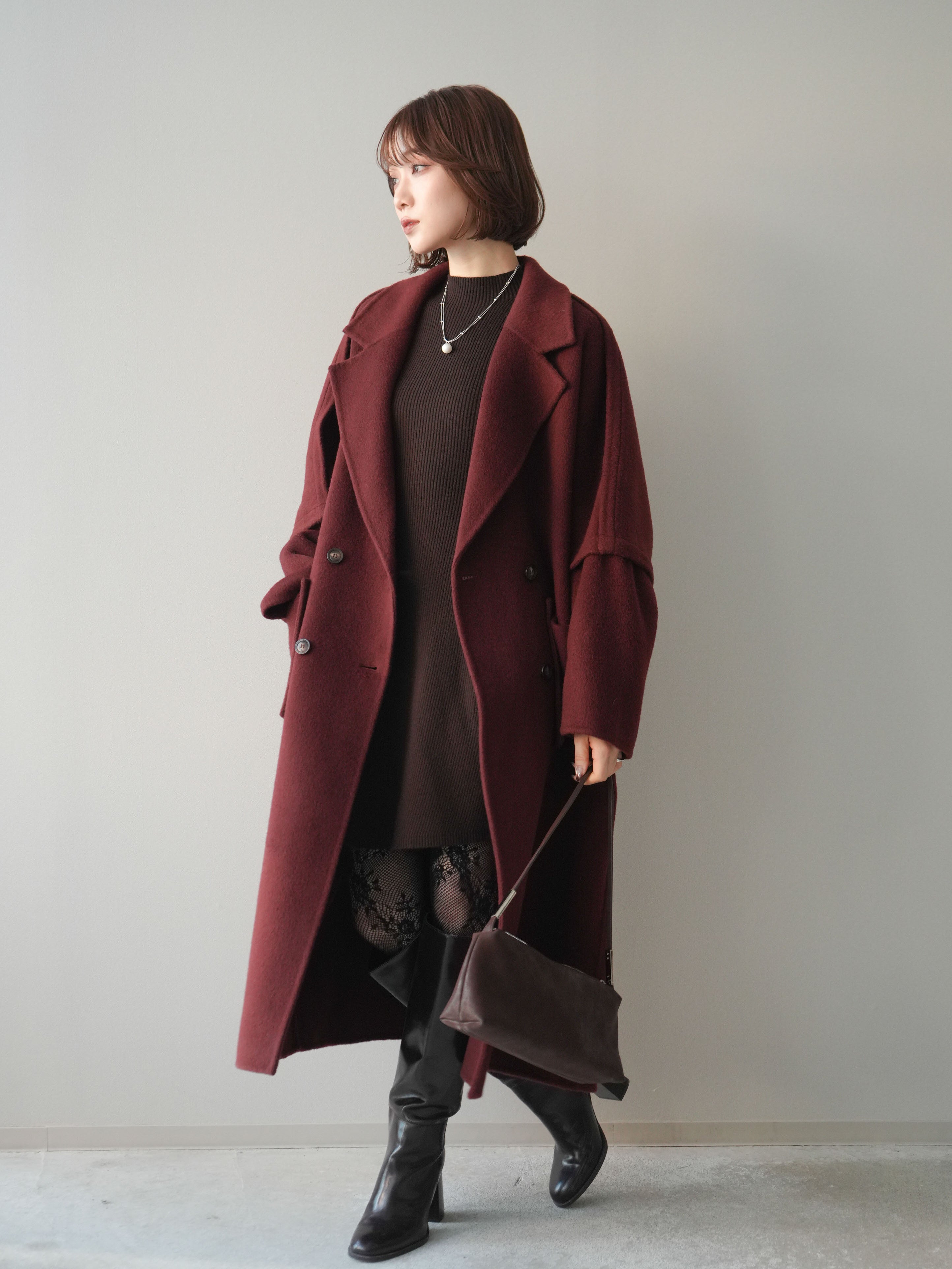 SET]フレアリブニットミニワンピース+カシミヤダブルブレストロング