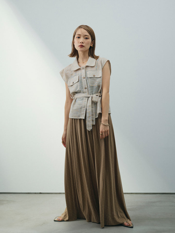 [SET]ミックスヤーンメッシュブラウス+ラインストーンプリーツスカート(2set)