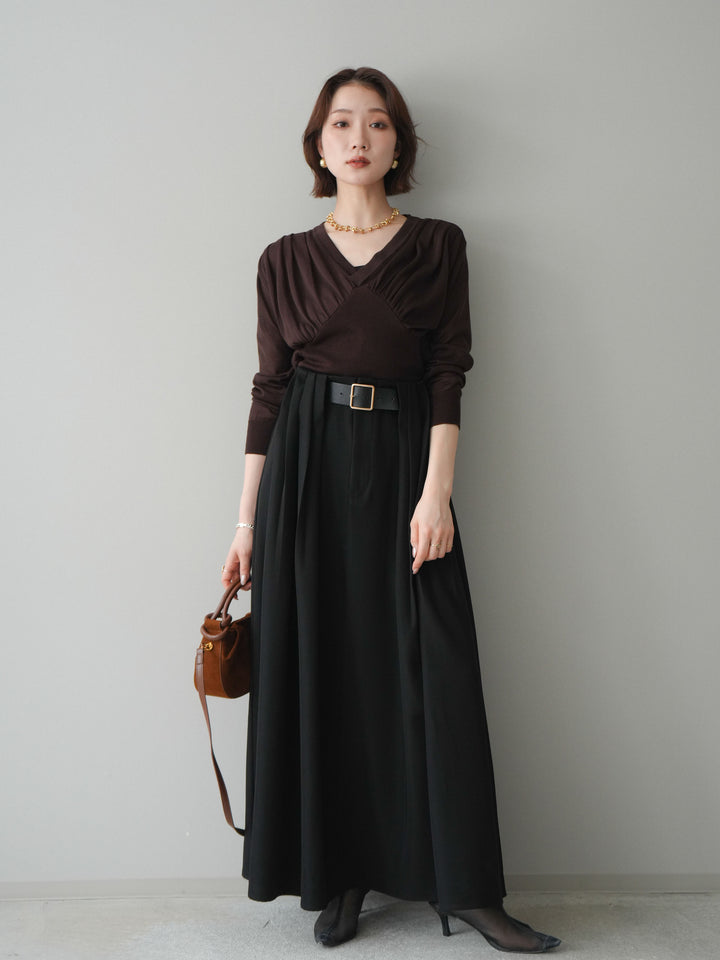 [予約]サイドギャザーVネックニットプルオーバー/brown