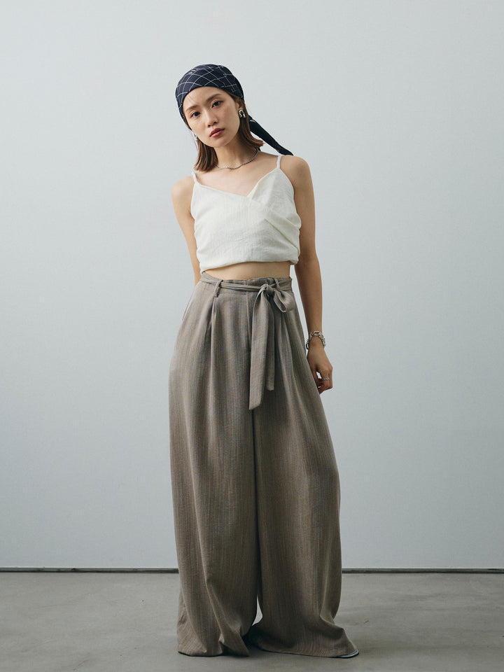 [SET]リネンライクカシュクールデザインビスチェ+リネンライクウエストリボンワイドパンツ(2set)
