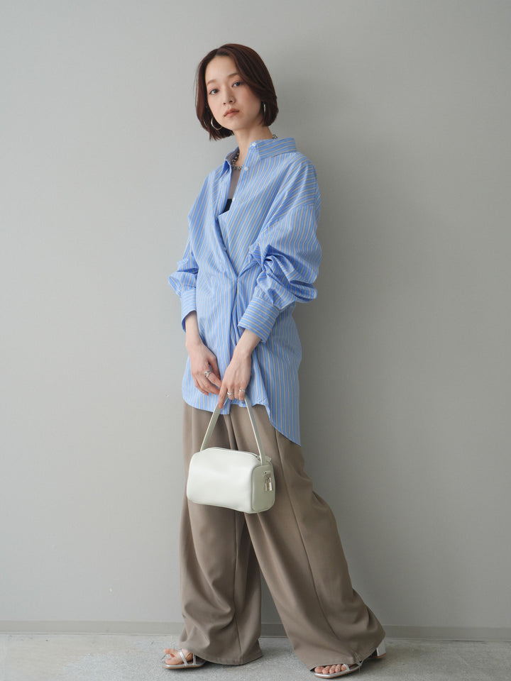 [SET]2wayルーズストライプシャツ+ベルト付キーホルダーモチーフワイドパンツ(2set)