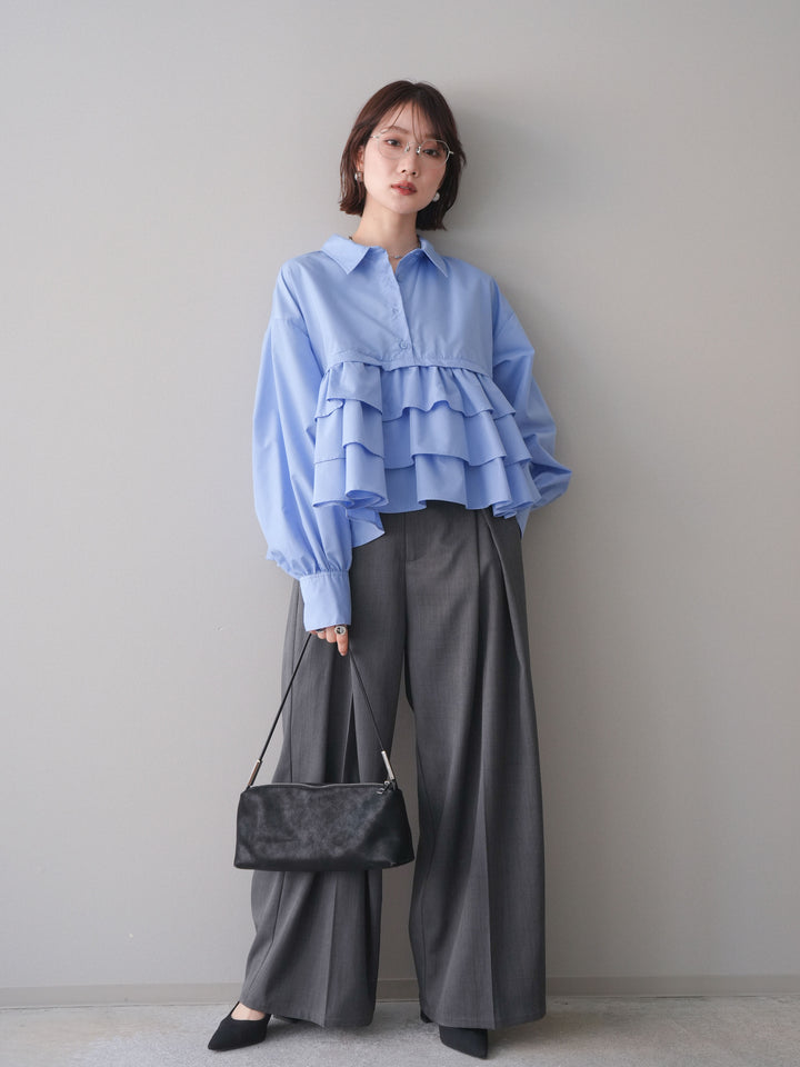 [SET]ブロードティアードショートシャツ+TRツイルデザインタックワイドパンツ(2set)