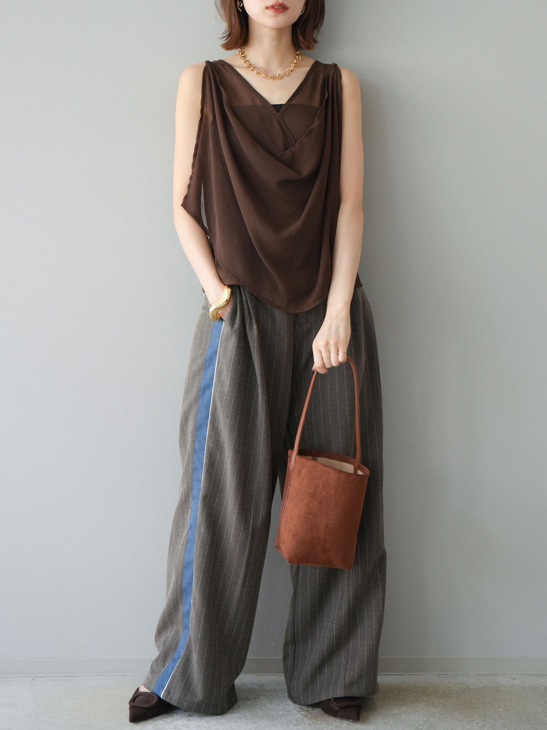 [予約]サイドラインストライプワイドパンツ/ブラウン