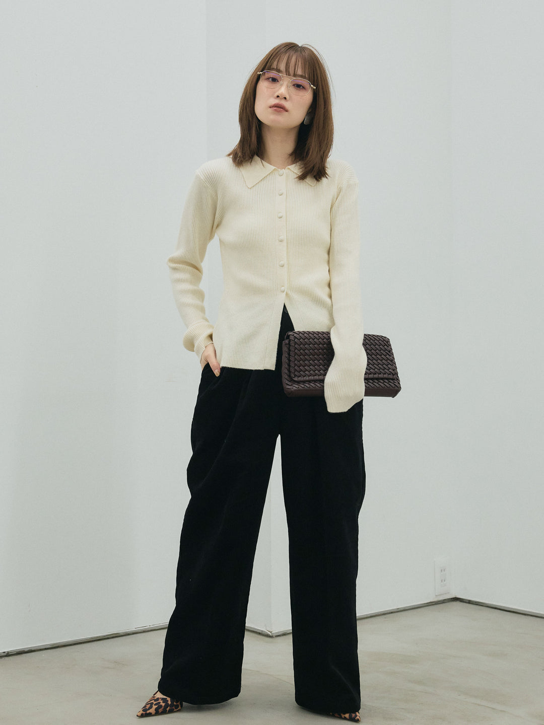 【Allure】[SET]くるみボタンポロリブニットトップス+くるみボタンポロリブニットトップス(2set)