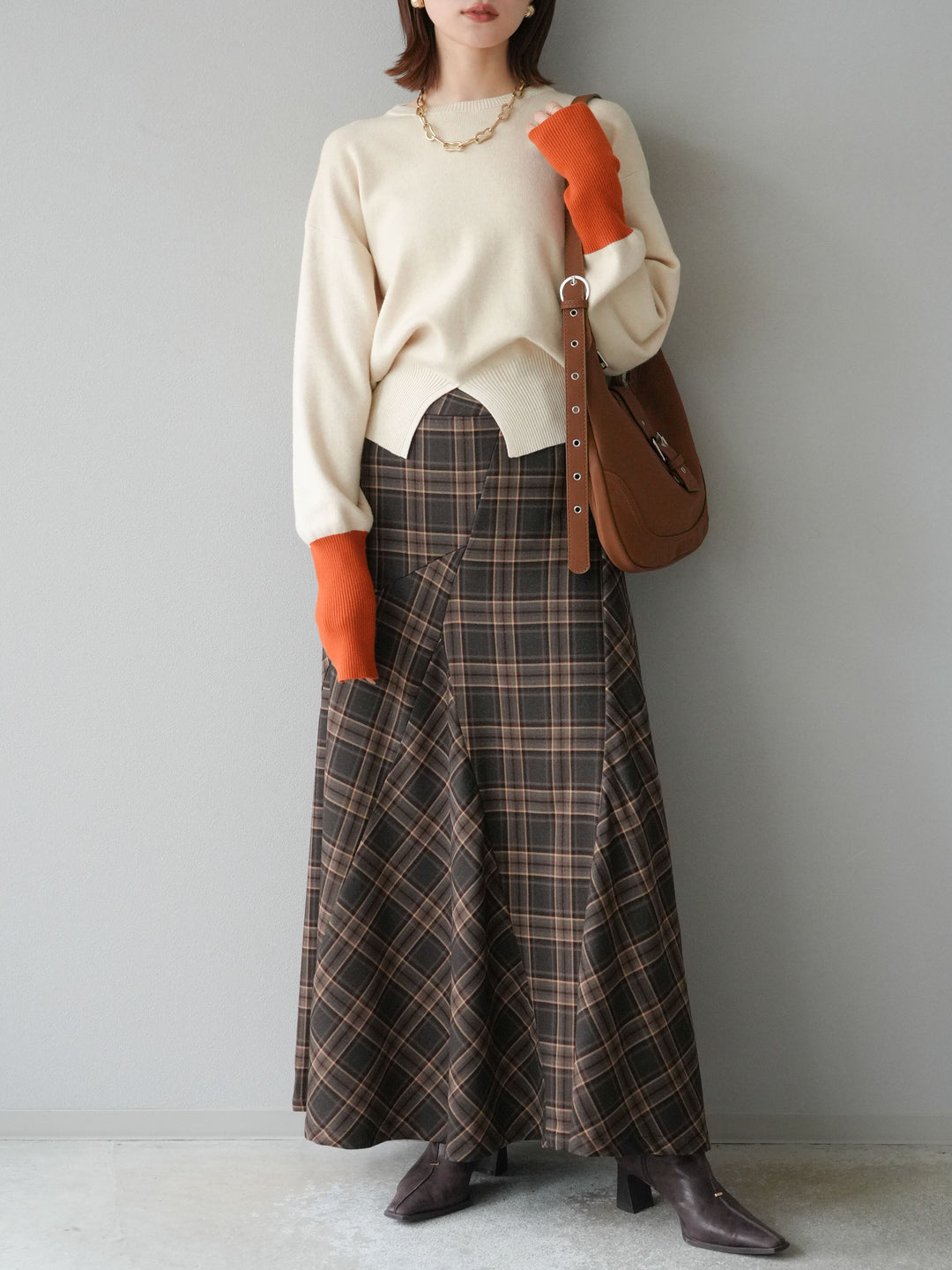 [予約]チェック柄マーメイドスカート/ブラウン
