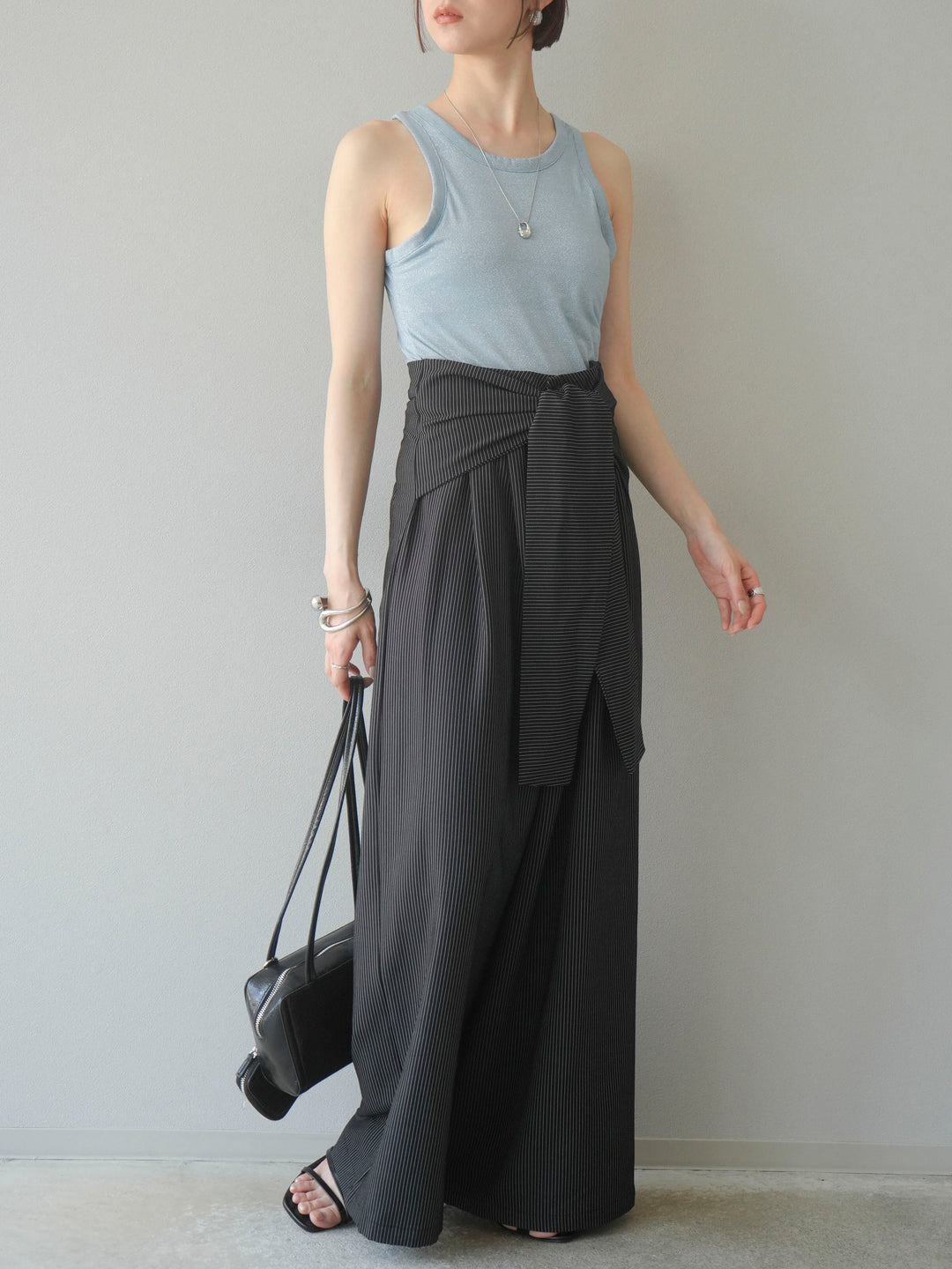 【預購】條紋裹腰闊腿褲/黑色