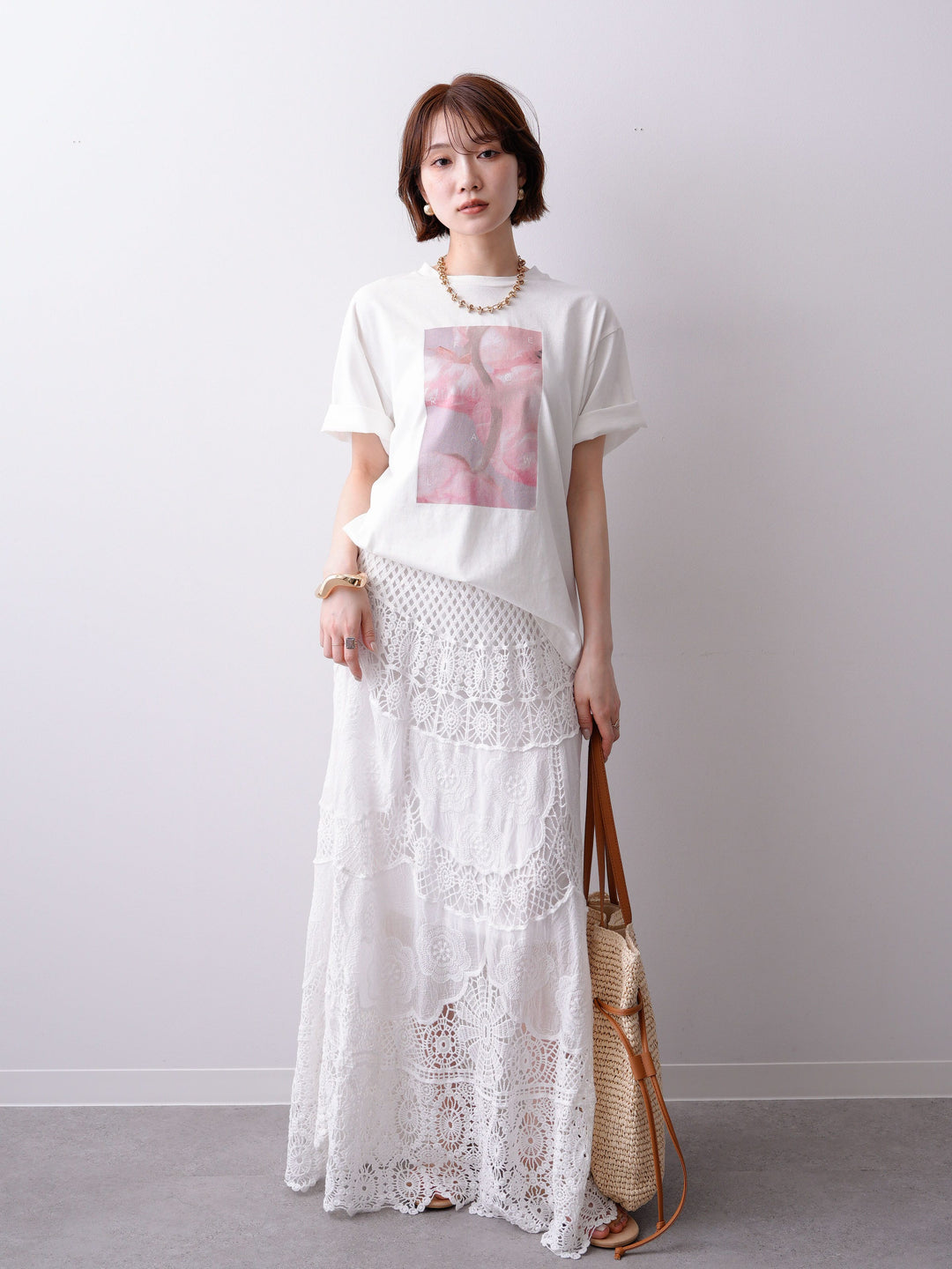 [SET]ニュアンスフローラルフォトTEE+クロシェマキシスカート(2set)
