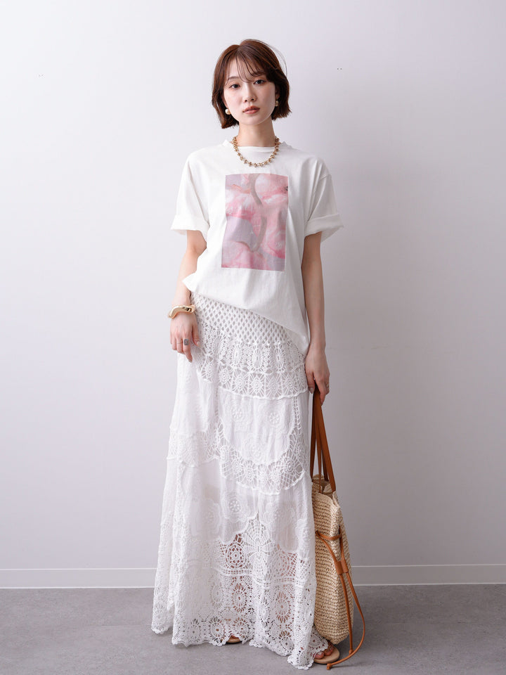[SET]ニュアンスフローラルフォトTEE+クロシェマキシスカート(2set)
