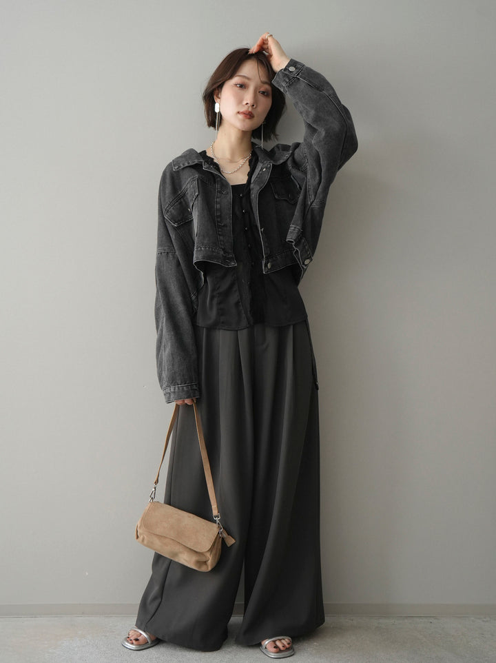 [SET]デニムショートシャツジャケット+ノースリサテンレースキャミソール+編み込みベルト付タックワイドパンツ(3set)