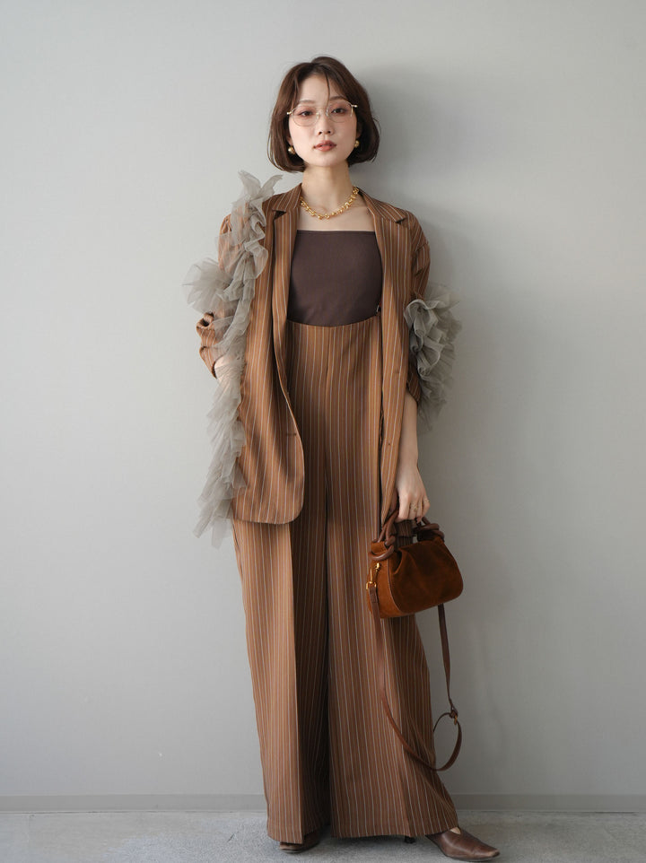 [SET]アシンメトリーチュールストライプジャケット+ヘリンボーンストライプサロペット(2set)