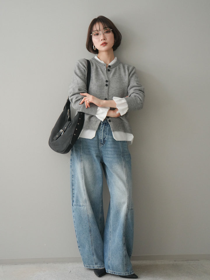 [SET]布帛ドッキングニットカーディガン+ガーメントウォッシュカーブデニムパンツ(2set)