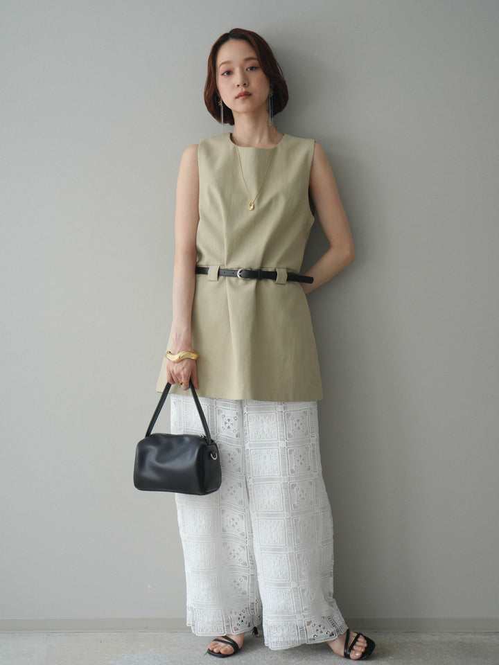 [SET]ベルト付リネンライクノースリチュニック+ベルト付リネンライクノースリチュニック(2set)