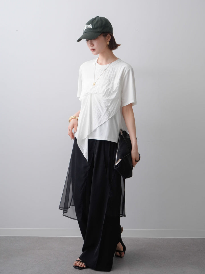 [SET]ラッフルドッキングTEE+シアーエプロン付ドレープタックワイドパンツ(2set)