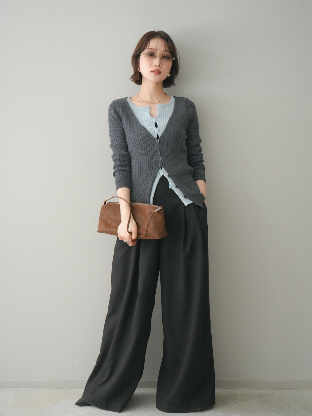 [予約]バイカラーレイヤードニットカーディガン/gray