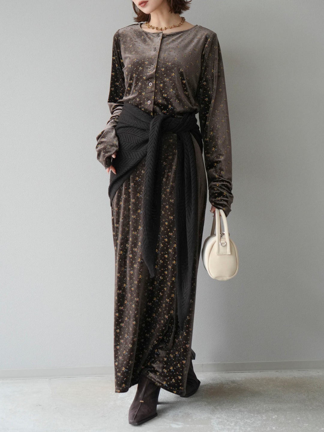 [予約]ベロアフラワープリントIラインスカート/ブラウンxイエロー