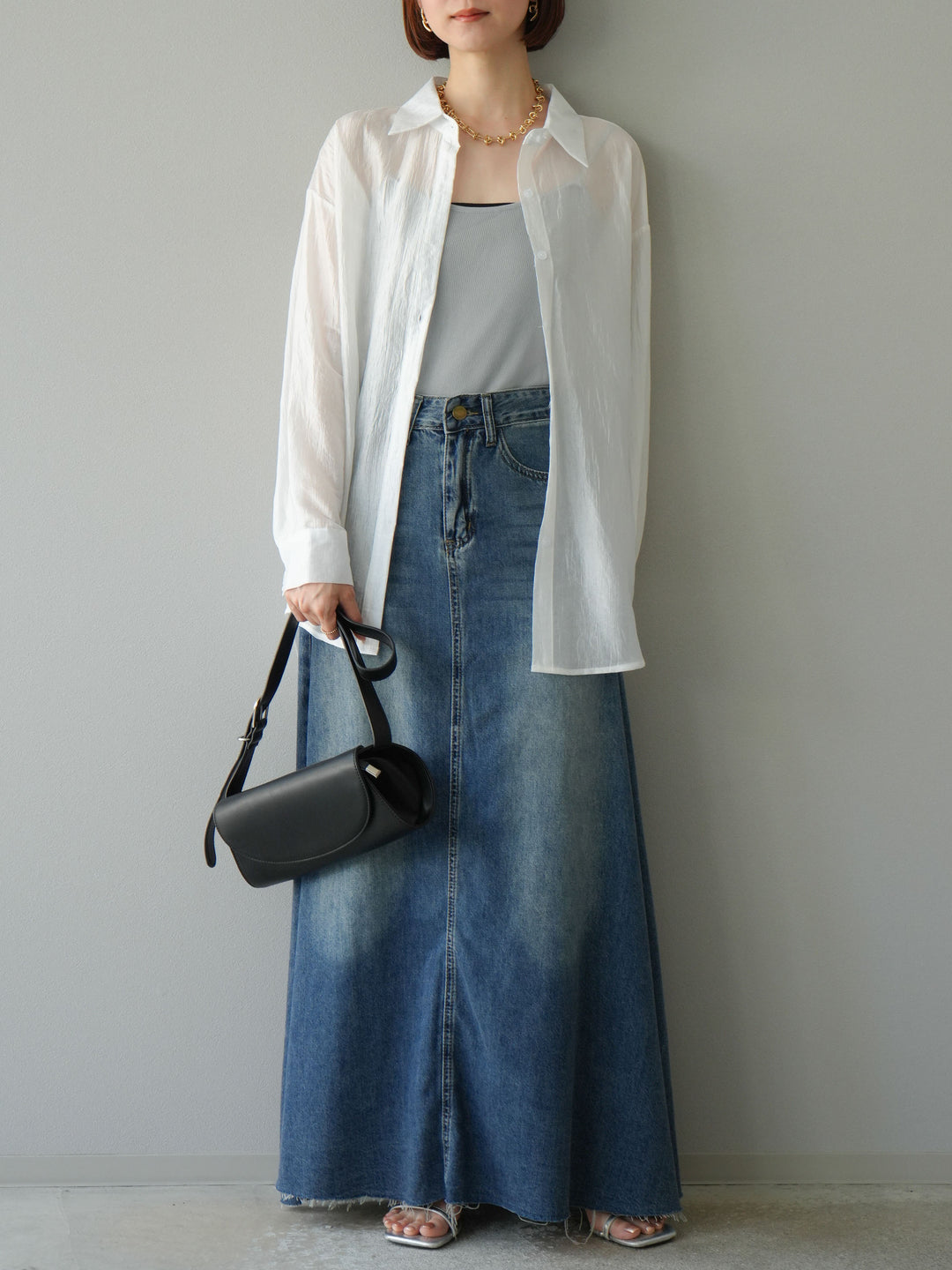 [予約]Aラインカットオフデニムスカート/ブルー