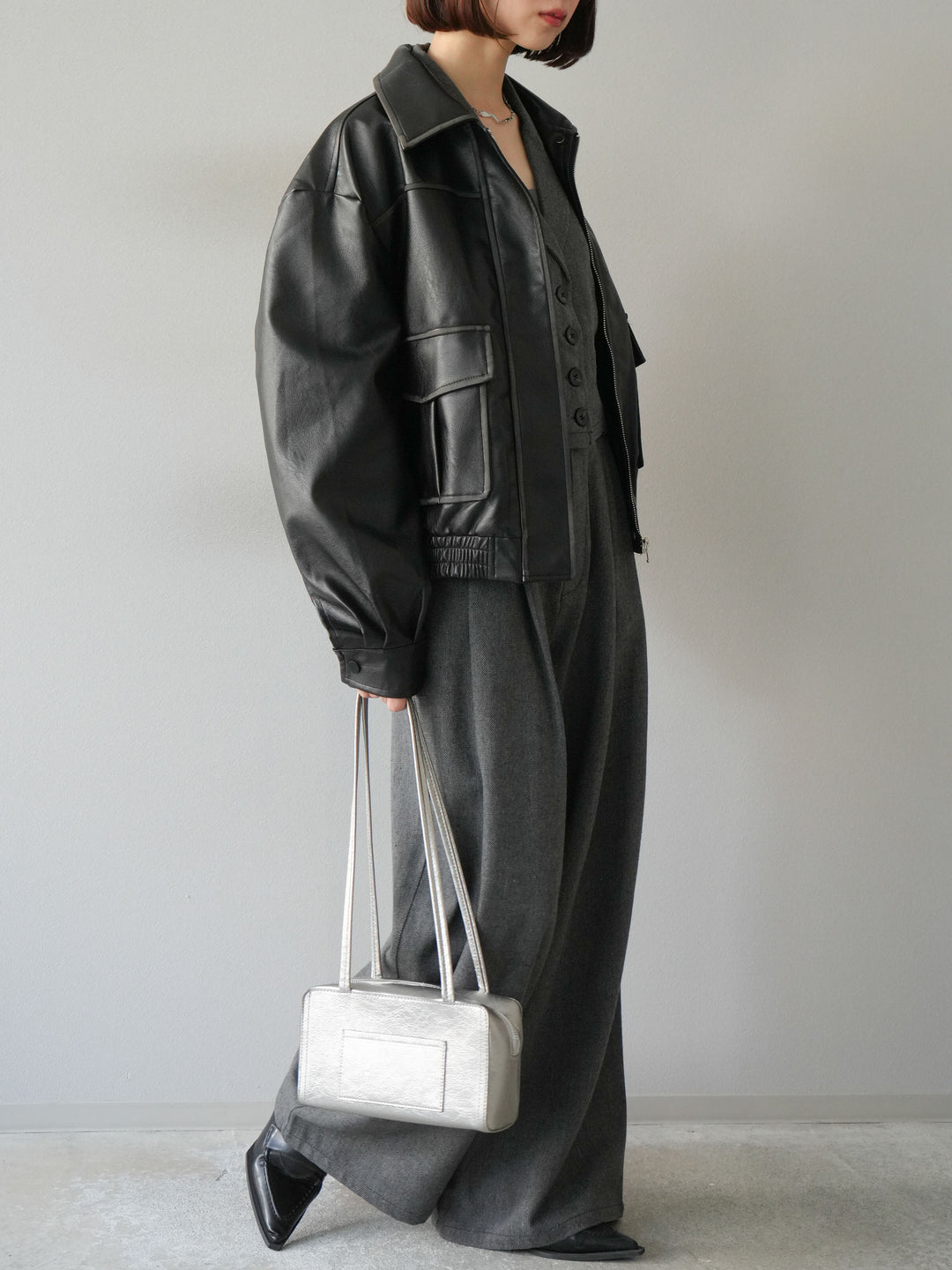 [予約]ツイードタッチタックワイドパンツ/ダークグレー