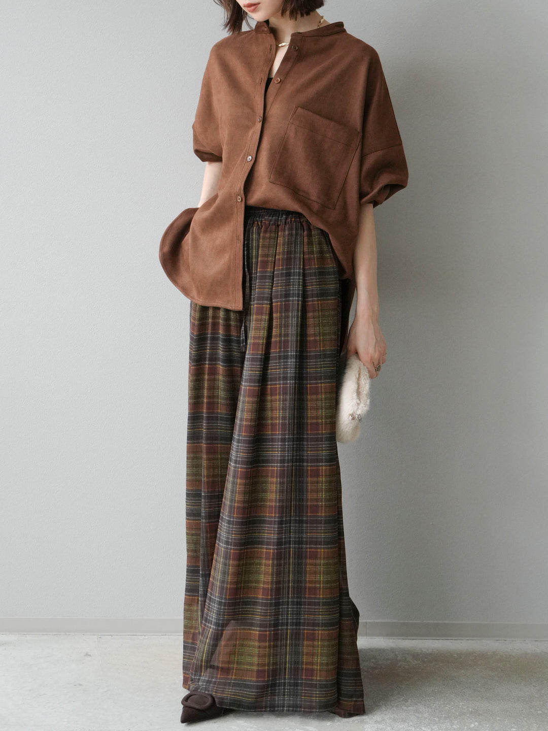 [SET]スエードバンドカラーオーバーシャツ+シアーチェックバギーパンツ(2set)