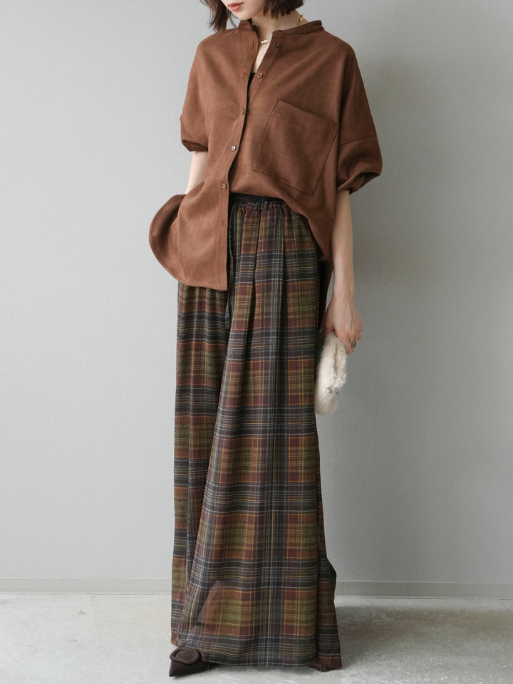 [SET]スエードバンドカラーオーバーシャツ+シアーチェックバギーパンツ(2set)