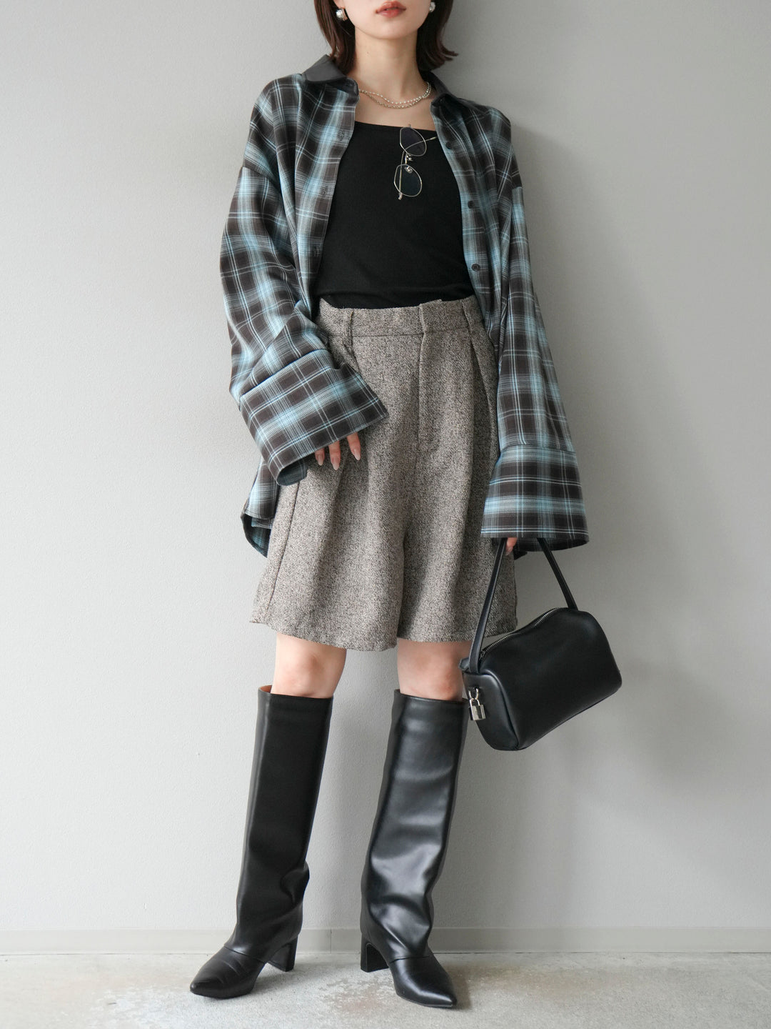 [SET]レザー襟オンブレチェックオーバーシャツ +ツイードハーフパンツ(2set)