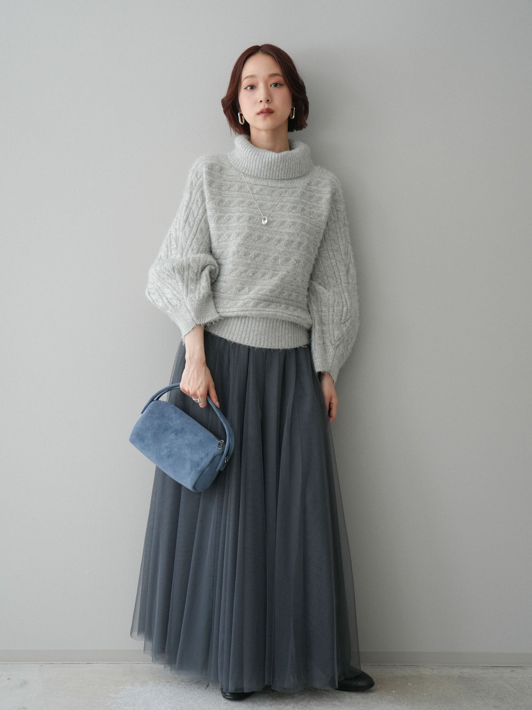 [予約]オフタートルケーブル編みニットプルオーバー/gray