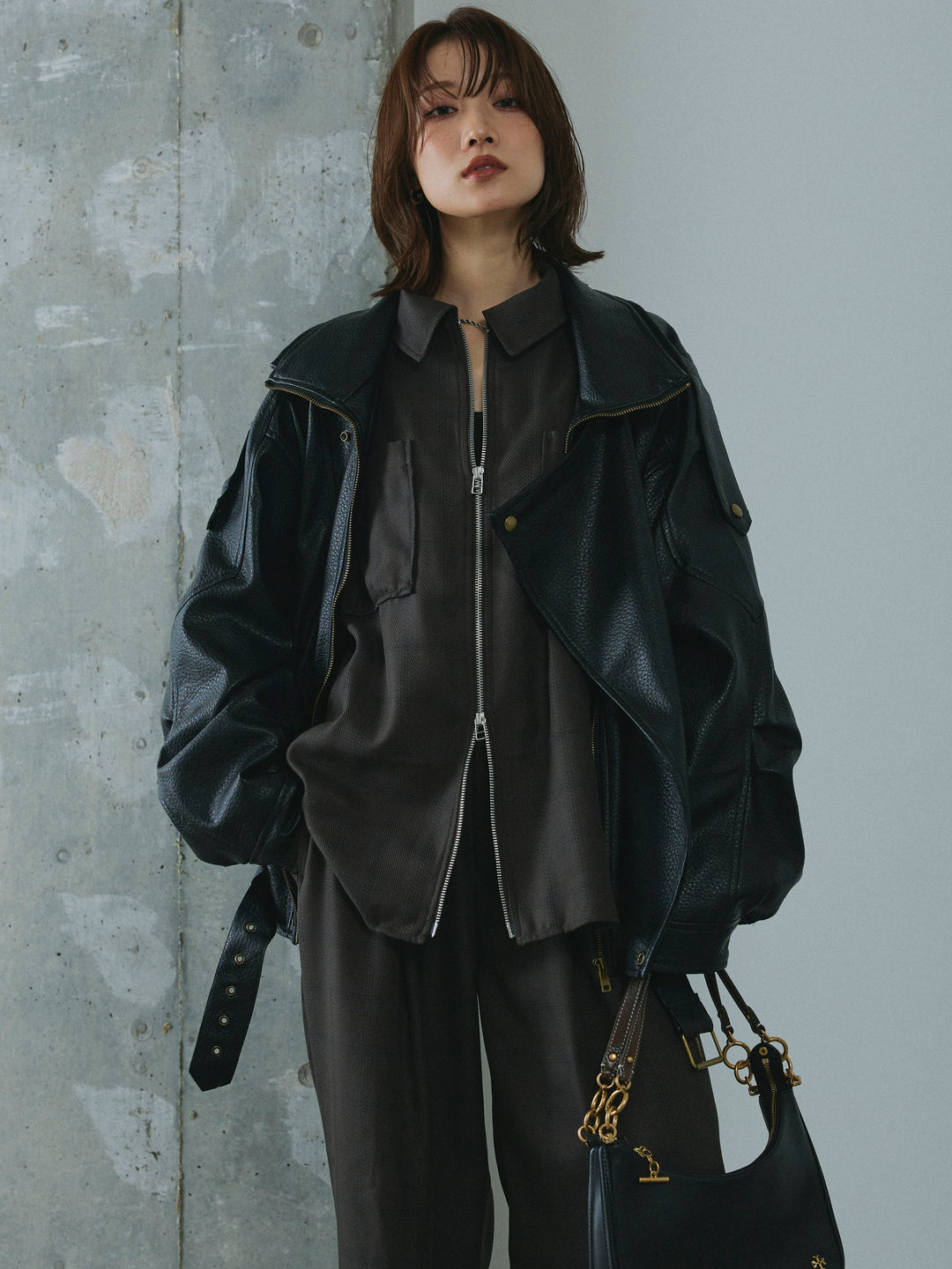 【Allure】[SET]スタンドカラーレザーブルゾン+スタンドカラーレザーブルゾン(2set)