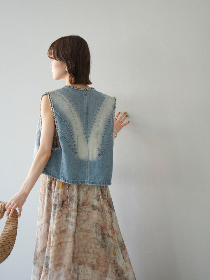 [予約]ツイードデザインデニムベスト/ライトブルー