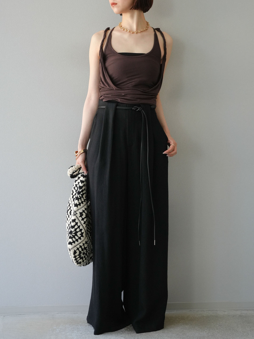 [予約]ロープデザインベルトリネンタッチワイドパンツ/ブラック