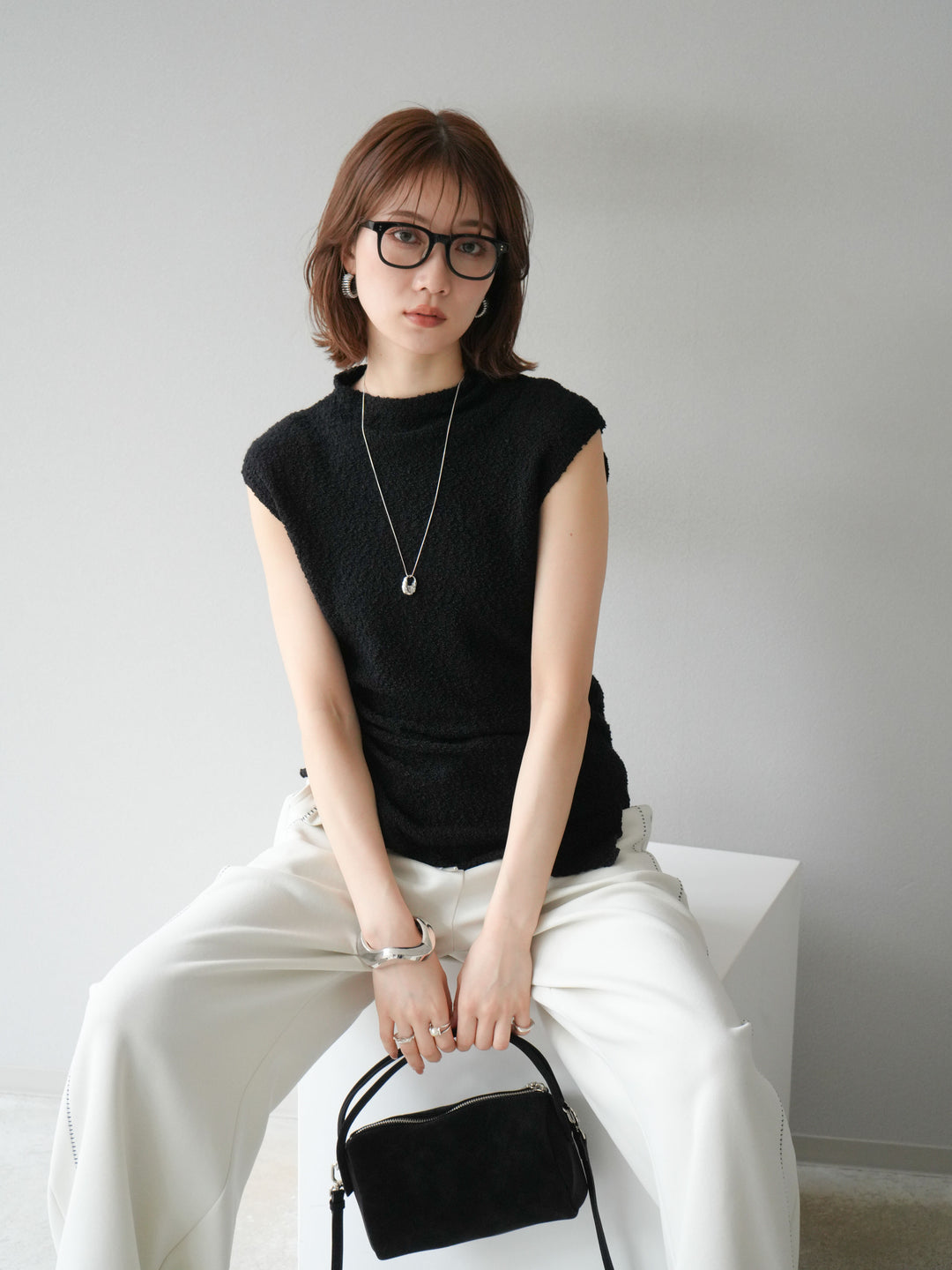 [予約]ブークレアシメニットノースリーブトップス/ブラック