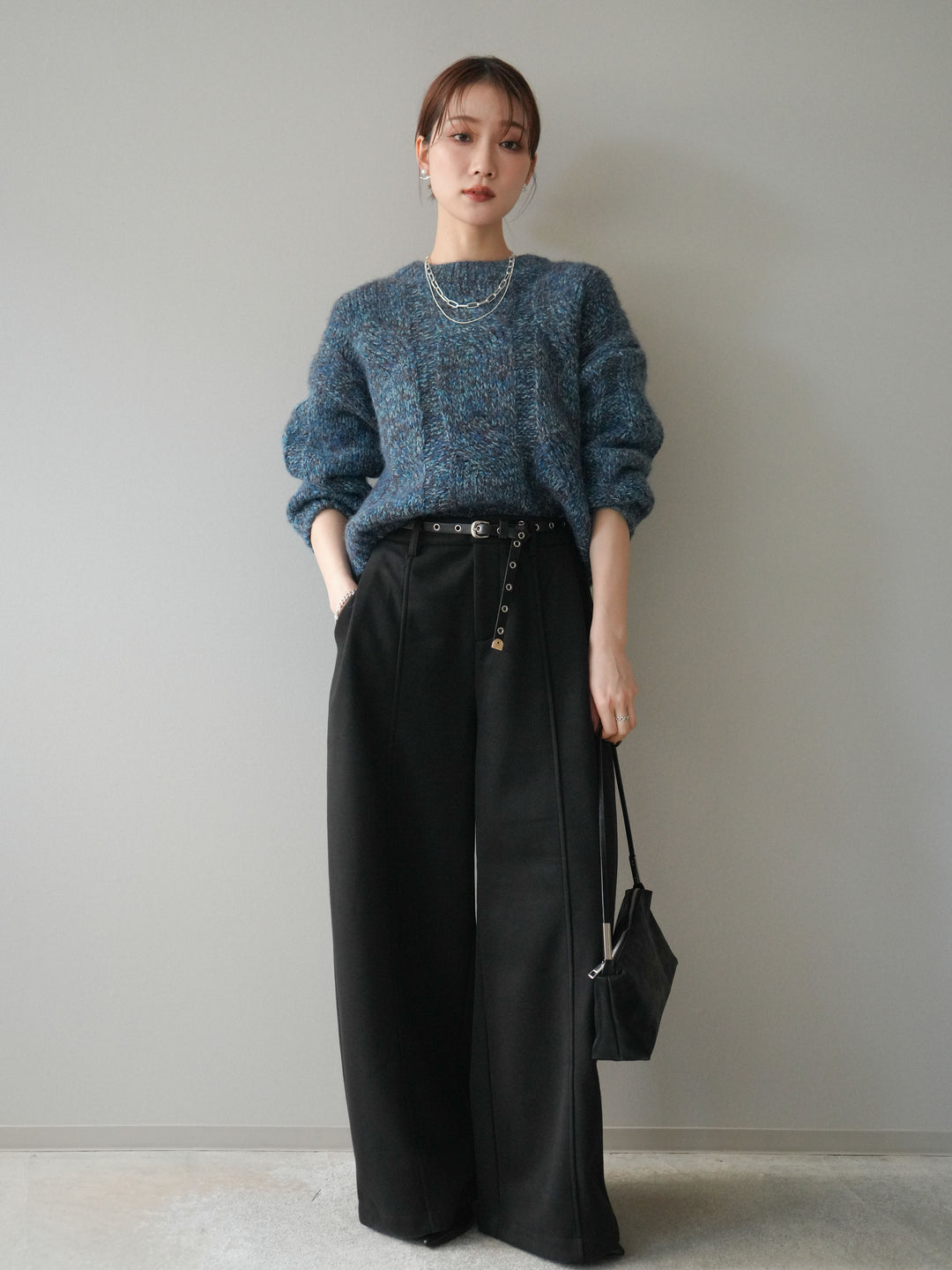 [予約]ワイドケーブルミックスニットプルオーバー/blue