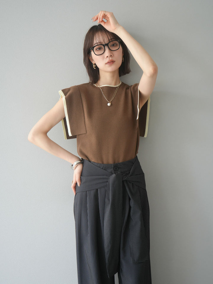 [予約]リネンタッチスクエアスリーブ配色ニットプルオーバー/モカ