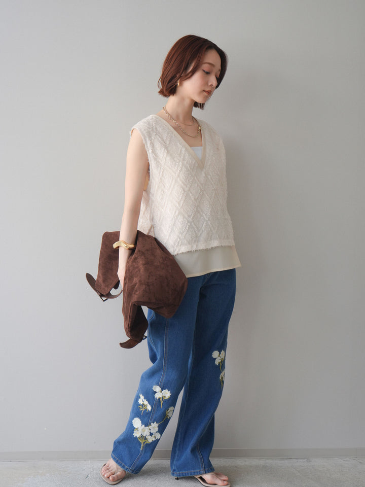 [SET]フリンジレイヤードVネックノースリーブ+フラワー刺繍ストレートデニム(2set)
