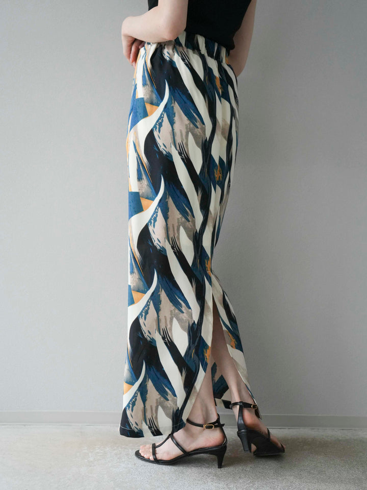 [預購] 度假風印花褶襉I字裙/藍色