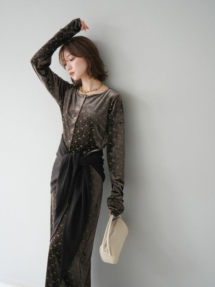 [予約]ベロアフラワープリントカーディガン/ブラウンxイエロー